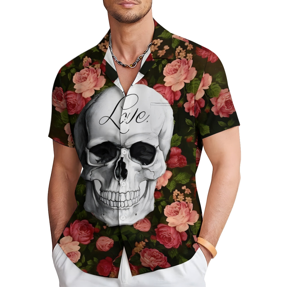 Valentine's Day "Love and Death" Skull Rose Print Casual Short Sleeve Shirt 2412002789