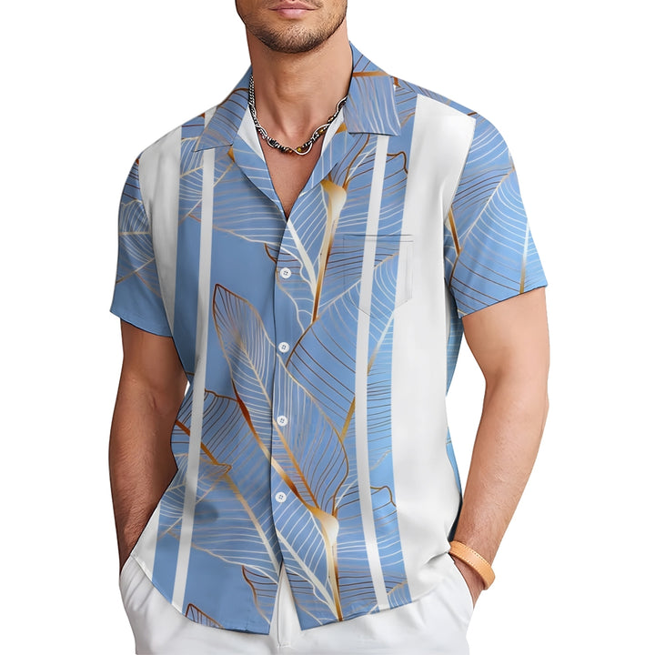 Men's Hawaiian Gold Botanical Print Men's Button Pocket Short Sleeve Shirt 2405000268