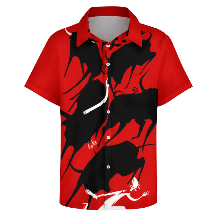 Bullfighting Theme Running Of The Bulls Festival Casual Short Sleeve Shirt 2403000789