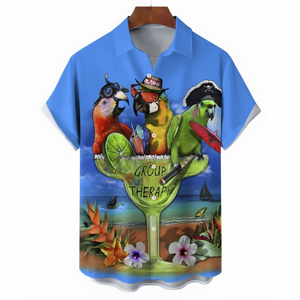 Hawaiian Parrot Cocktail Print Short Sleeve Shirt 2407005446