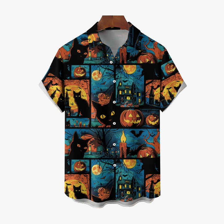 Black Cat Pumpkin Halloween Casual Large Size Short Sleeve Shirt 2407003695