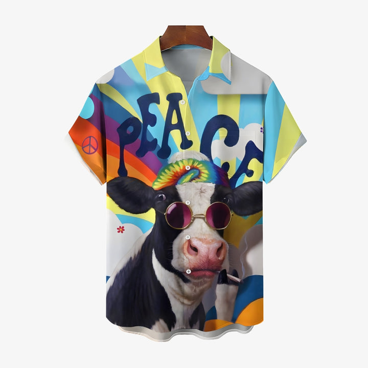 Peaceful Cow Art Print Casual Short Sleeve Shirt 2412009551