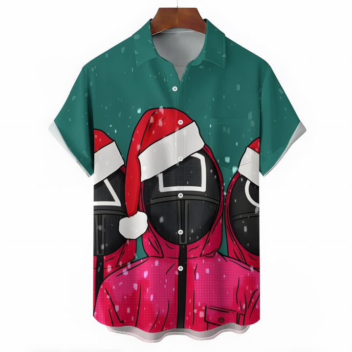 Men's Squidward Games Santa Hat Print Short Sleeve Shirt 2412004889