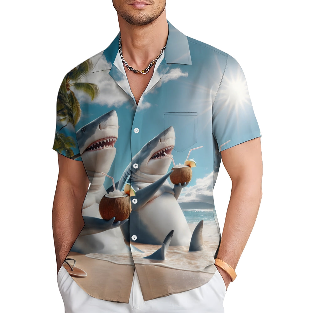 Beach Vacation Shark Casual Short Sleeve Shirt 2409002266