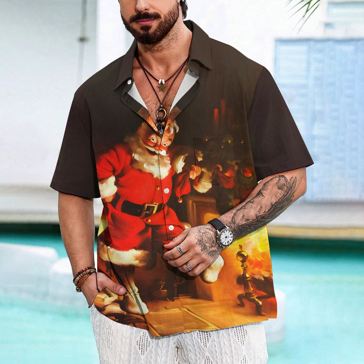 Men's Santa Fireplace Print Casual Short Sleeve Shirt 2410007066