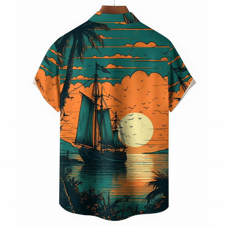 Sailing Boat On Sea Casual Short Sleeve Shirt 2405000681