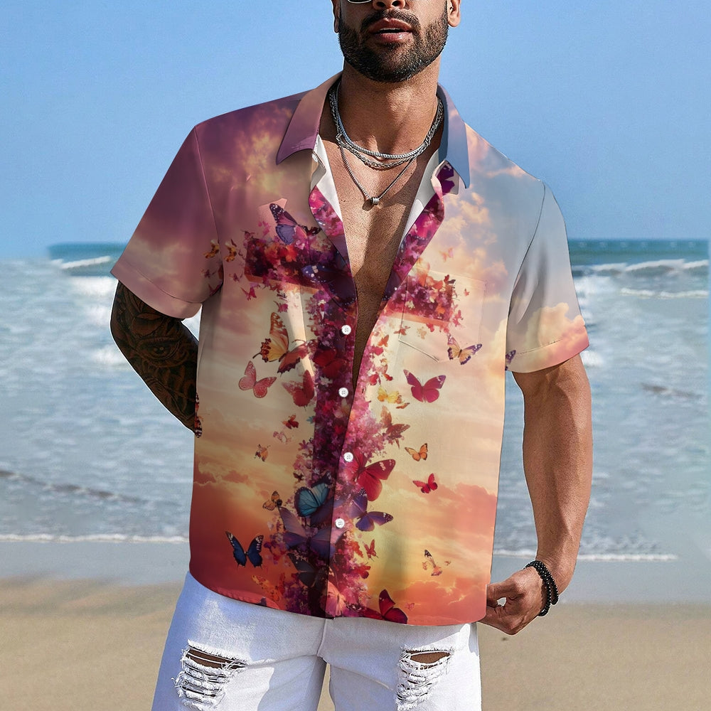 Easter Cross Butterfly Print Short Sleeve Shirt 2412009497