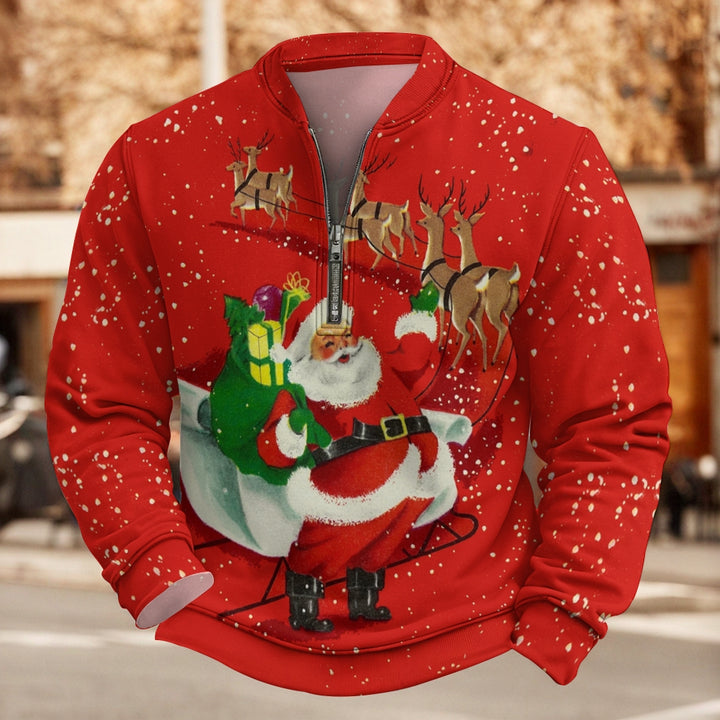 Santa Claus Elk Print Half Zip Sweatshirt 2410006196