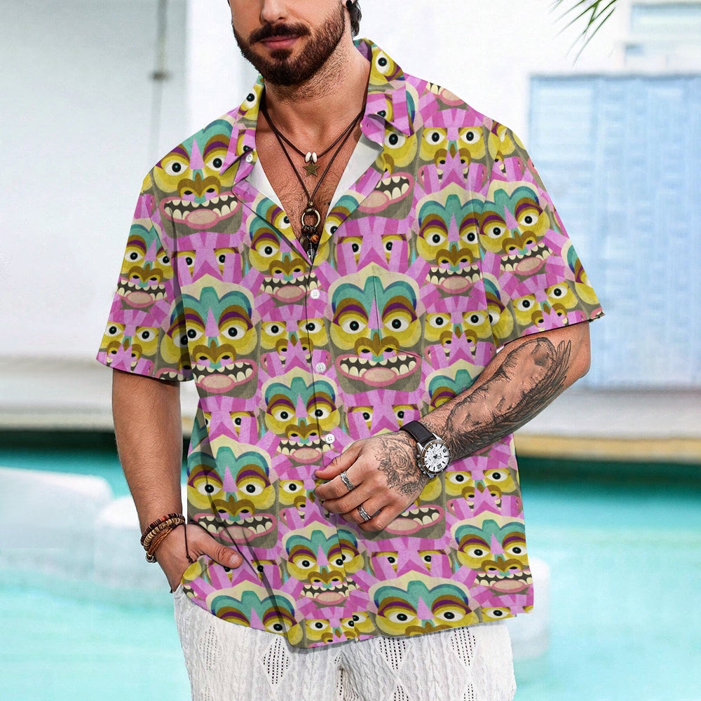 Tiki Art Print Casual Short Sleeve Shirt 2408005065