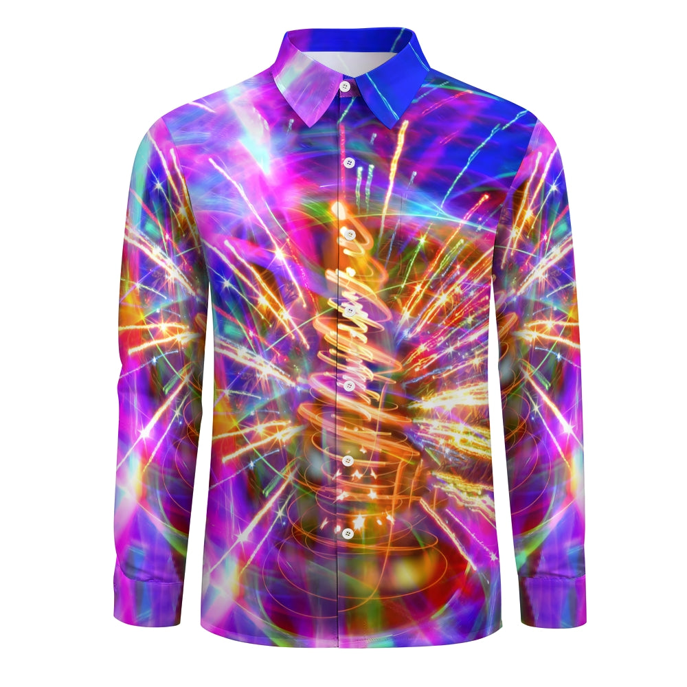 Sparkling Fireworks Christmas Tree Printed Long Sleeve Shirt 2410006426