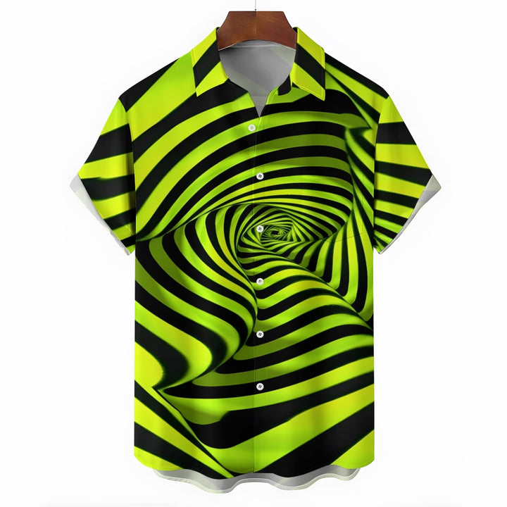 Men's Fluorescent Green Spiral Stripe Print Short Sleeve Shirt 2410008354