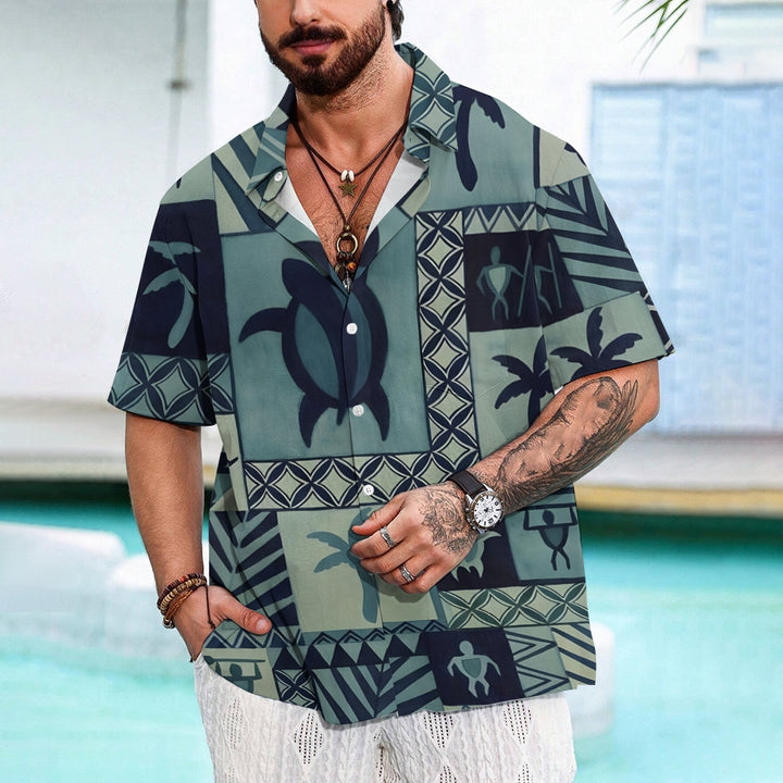 Geometric Turtle And Coconut Tree Print Hawaiian Shirt 2412006359