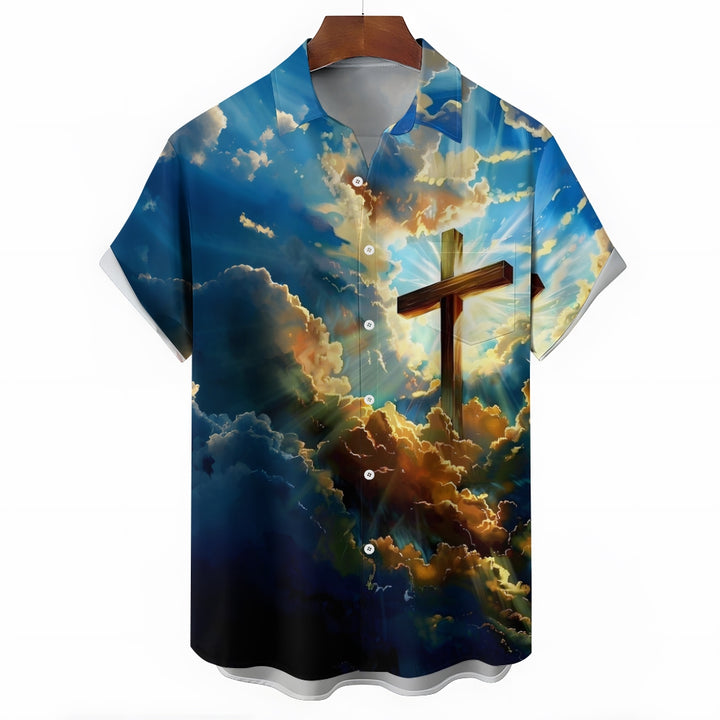 Cross Print In The Clouds Casual Easter Shirt 2412008949