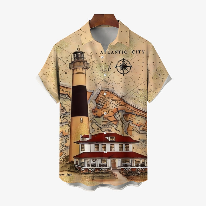 Nautical Lighthouse Print Chest Pocket Short Sleeve Shirt 2411005869