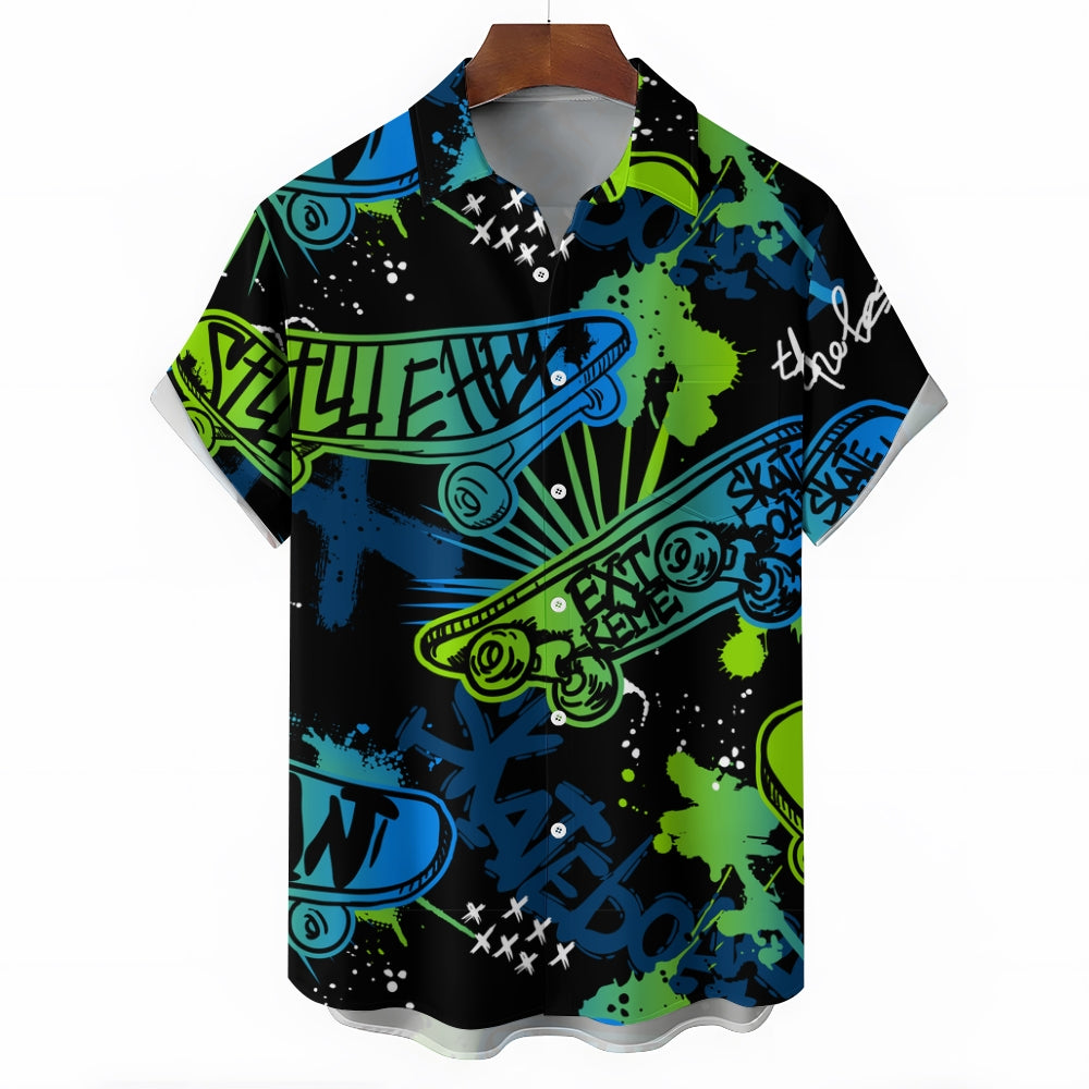 Skateboard Art Print Casual Oversized Short Sleeve Shirt 2406003433