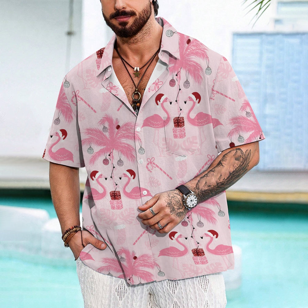 Christmas Flamingo With Hat Print Short Sleeve Shirt 2410002074