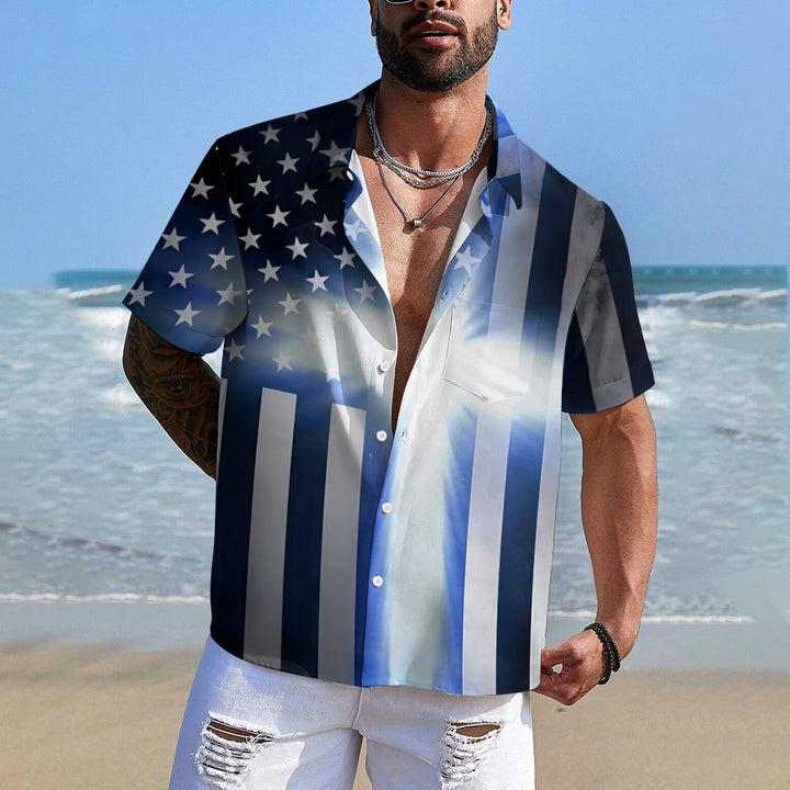 Stars and Stripes Cross Printed Casual Short Sleeve Shirt 2408002678