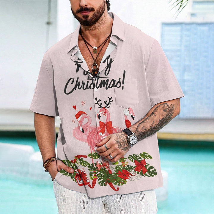 Merry Christmas Flamingo Casual Short Sleeve Shirt 2411008104