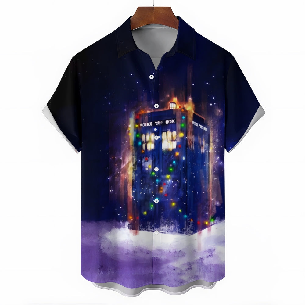 Men's Christmas Phone Booth Casual Short Sleeve Shirt 2410007020