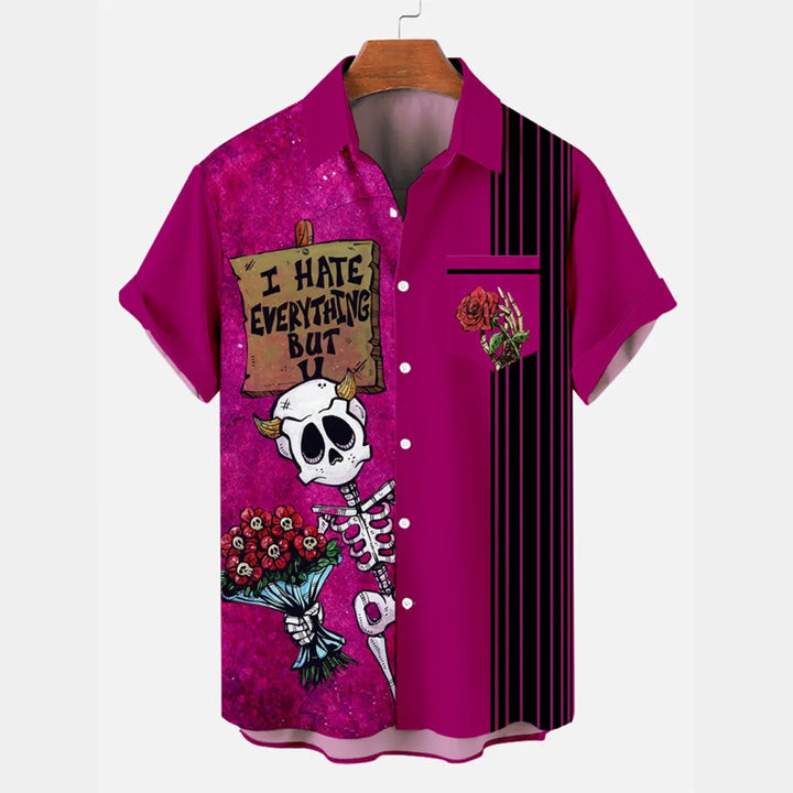 Men's Classic Skeleton Music Day of the Dead Print Short Sleeve Shirt