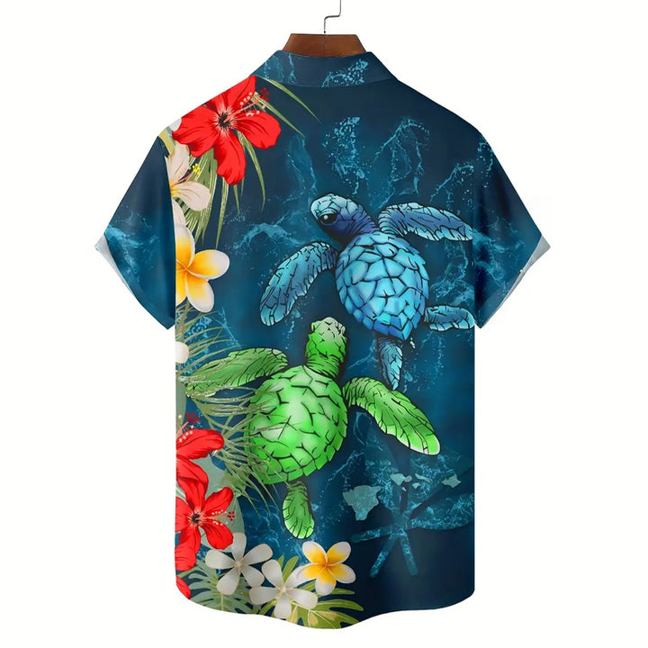 Men's Turtles Print Casual Lapel Button Up Shirt