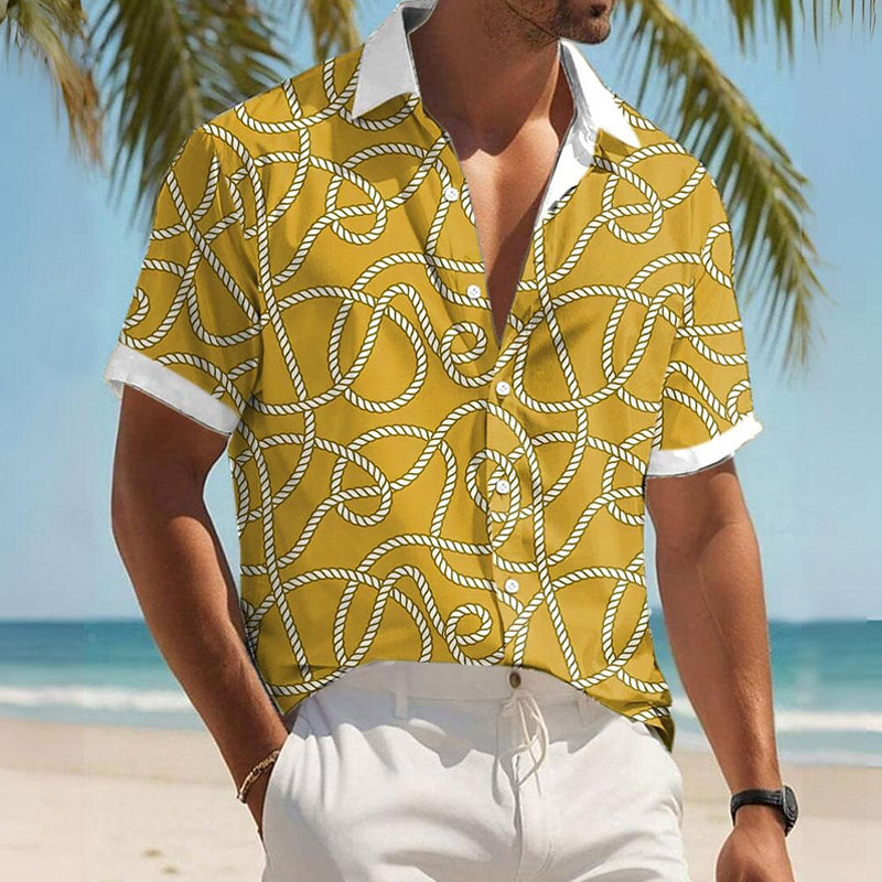 Men's Geometric Lines Pattern Printed Shirts Short Sleeve Shirts