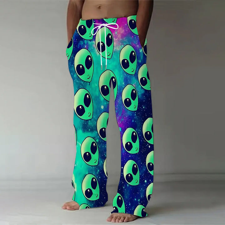 Men's Vintage-Inspired Alien Print Loose Fit Straight-Leg Pants