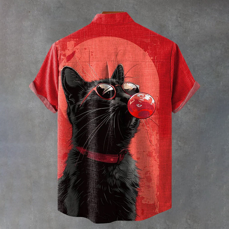 Vintage Fun Black Cat Art Print Casual Shirt