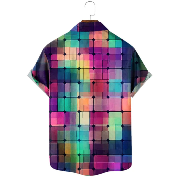 Men's Lapel Colorful Geometric Print Short Sleeve Shirt