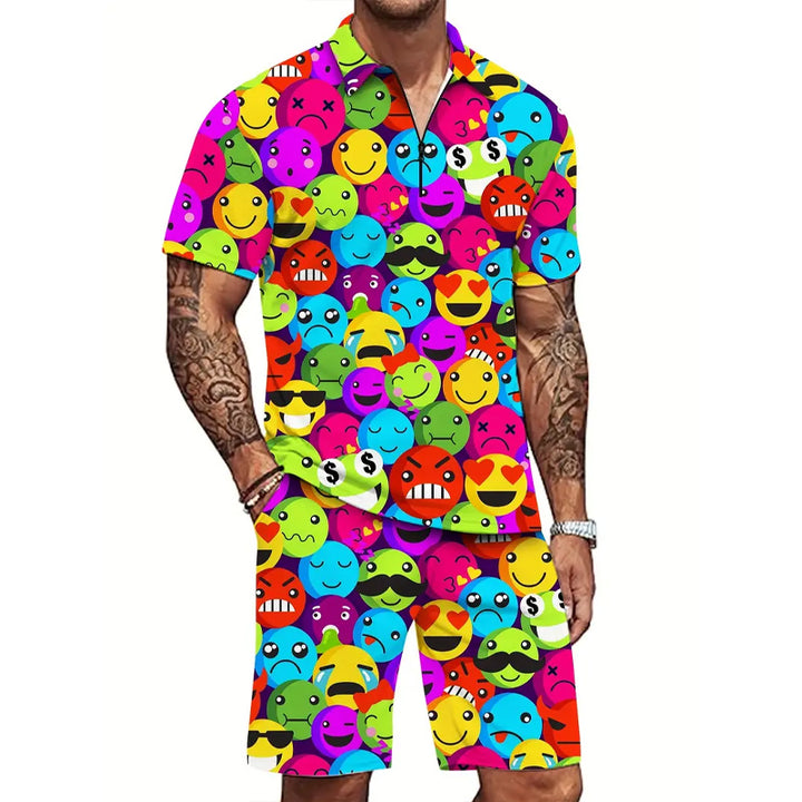 Men's bright smiley face print polo and shorts set