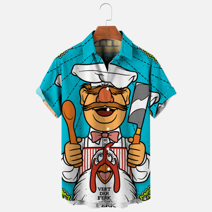 Men's Cartoon Chef Print Hawaiian Short Sleeve Shirt