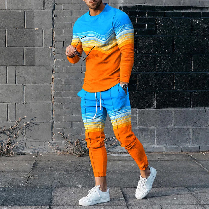Fashion Contrasting Gradient Lines Long Sleeve T-Shirt And Pants Co-Ord