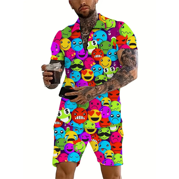 Men's bright smiley face print polo and shorts set