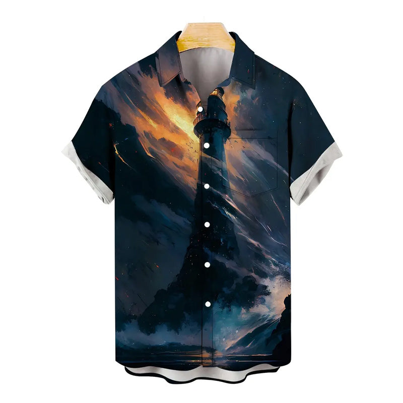 Men's Lighthouse At Dusk Graphic Print Shirt 2406000085