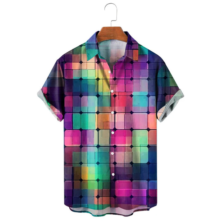 Men's Lapel Colorful Geometric Print Short Sleeve Shirt