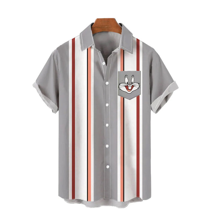 Retro Gray And White Stripes And Cartoon Bunny Breast Pocket Short Sleeve Shirt