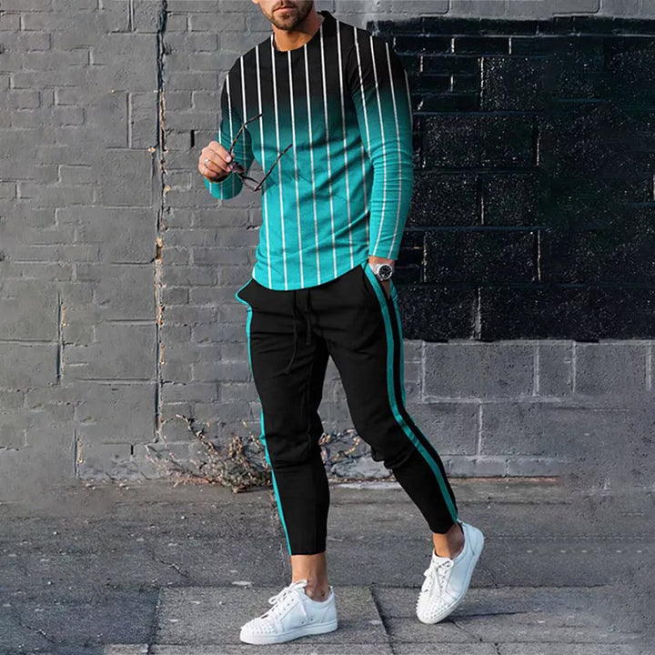 Fashion Contrasting Gradient Lines Long Sleeve T-Shirt And Pants Co-Ord