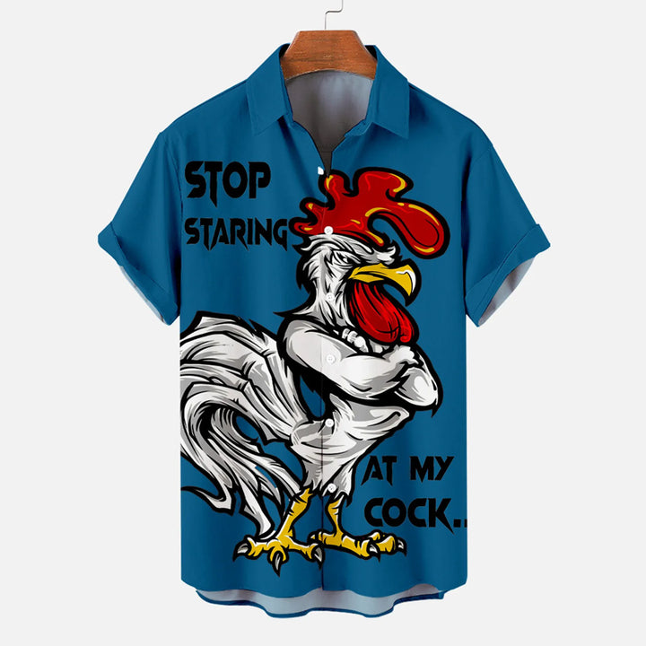 Men's Christmas Cartoon Funny Rooster Print Short Sleeve Shirt