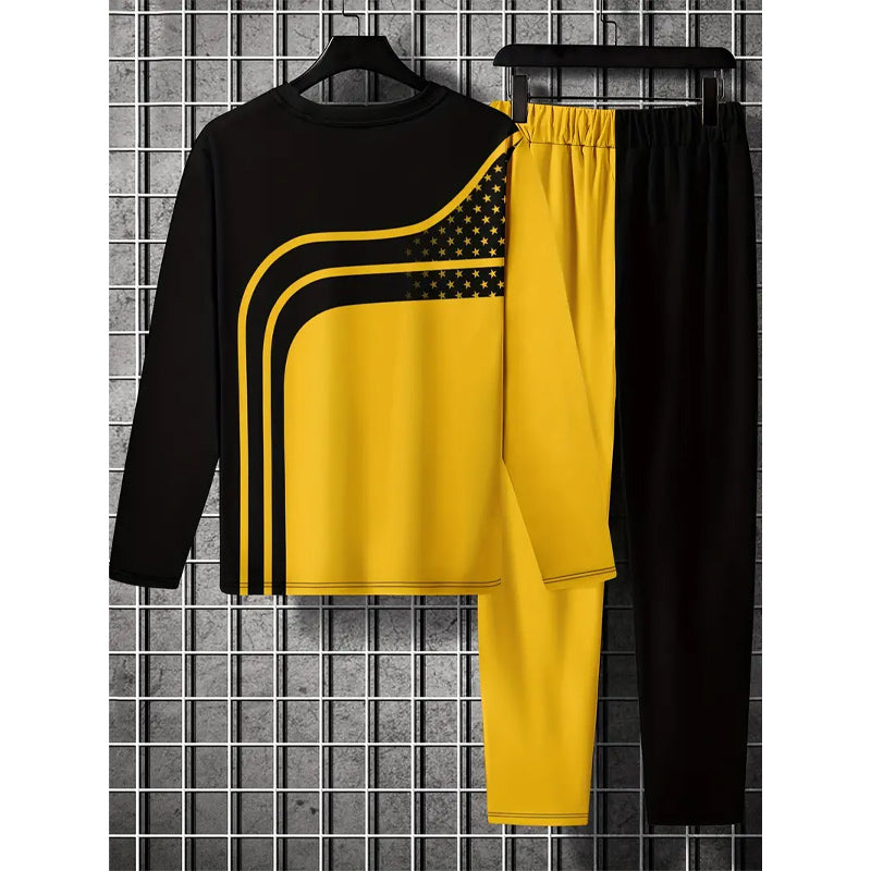 Mens Trendy Color Block Sweatshirt Top&Pants 2-Piece Set