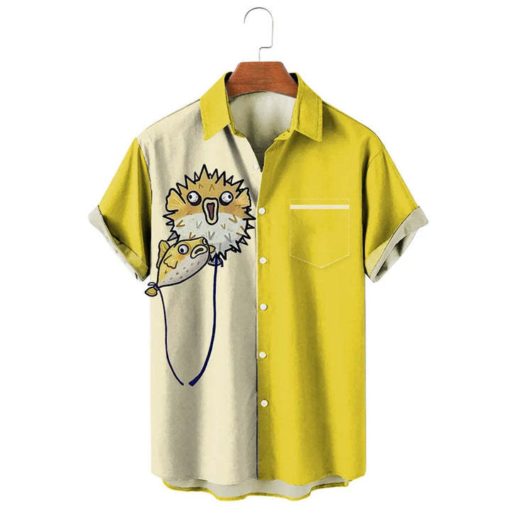 Men's Hawaiian Shirts Funny Pufferfish Print Short Sleeve Shirt