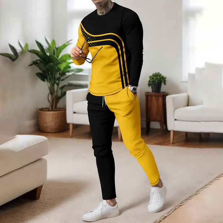 Mens Trendy Color Block Sweatshirt Top&Pants 2-Piece Set