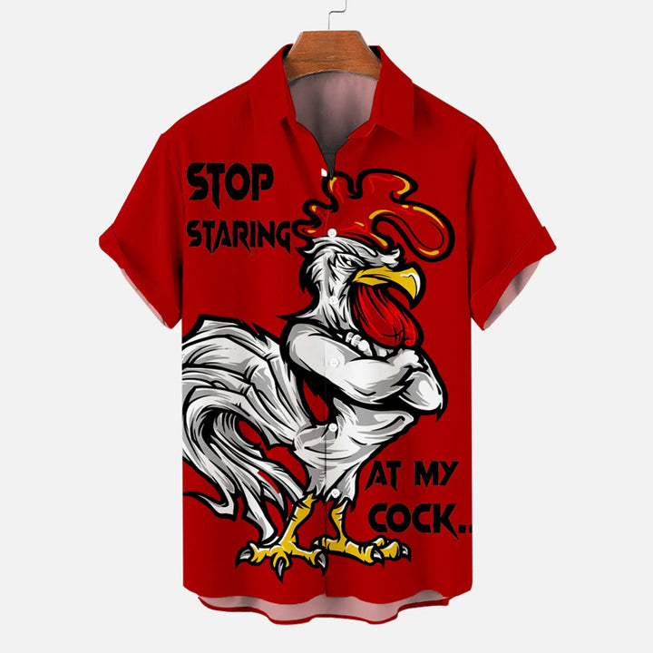 Men's Christmas Cartoon Funny Rooster Print Short Sleeve Shirt