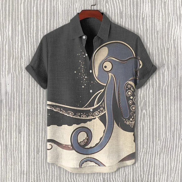 Men's Funny Octopus Color Block Art Print Casual Shirt