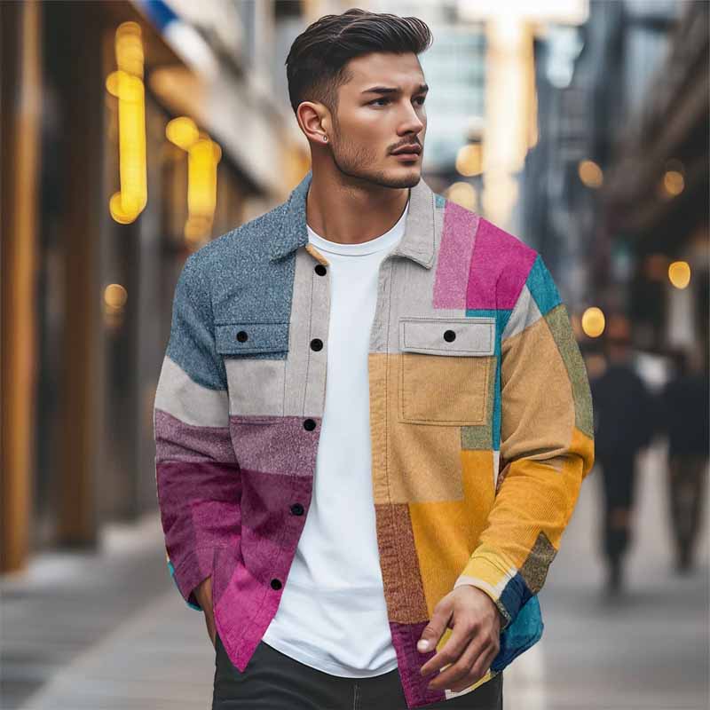 Men's bright plaid patchwork long-sleeved jacket