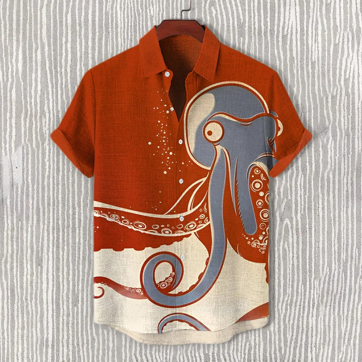 Men's Funny Octopus Color Block Art Print Casual Shirt