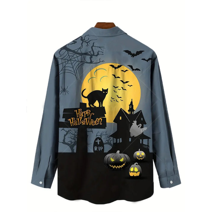 Men's Halloween Pumpkin Full Body Print Trendy Long Sleeve Shirt 2408003719