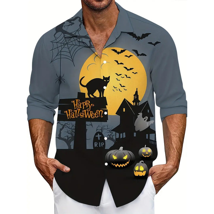 Men's Halloween Pumpkin Full Body Print Trendy Long Sleeve Shirt 2408003719