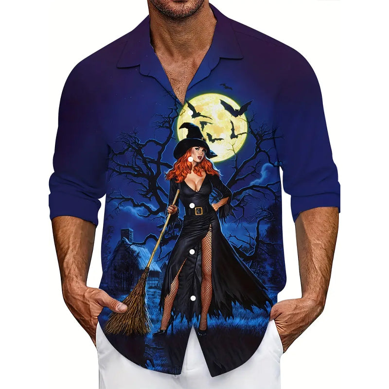 Men's Halloween Pumpkin Full Body Print Trendy Long Sleeve Shirt 2408003719