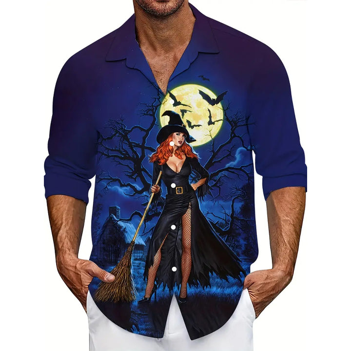 Men's Halloween Pumpkin Full Body Print Trendy Long Sleeve Shirt 2408003719