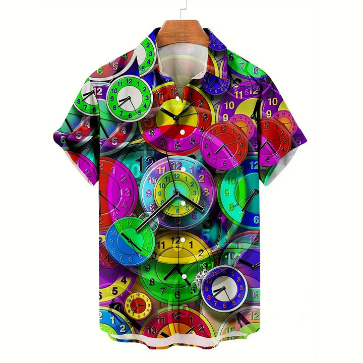 Men's Retro O'clock Print Casual Short Sleeve Shirt